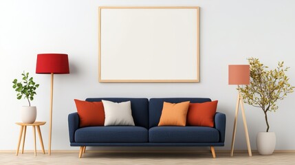 A contemporary living room featuring a dark blue sofa, colorful cushions, and elegant lighting, creating a cozy and stylish atmosphere in a modern home.