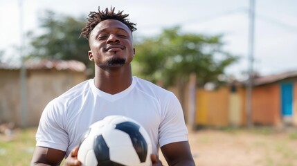 A proud football athlete in a white shirt holds a soccer ball under the sun, radiating confidence and joy, epitomizing the spirit of outdoor sports and fitness.