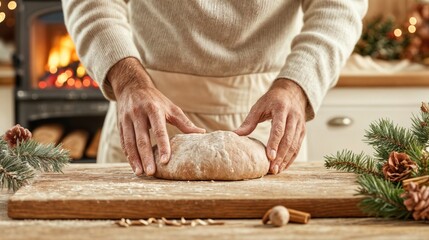 Close-up of male baker’s hands shaping bread dough in festive kitchen with Christmas decor and fireplace