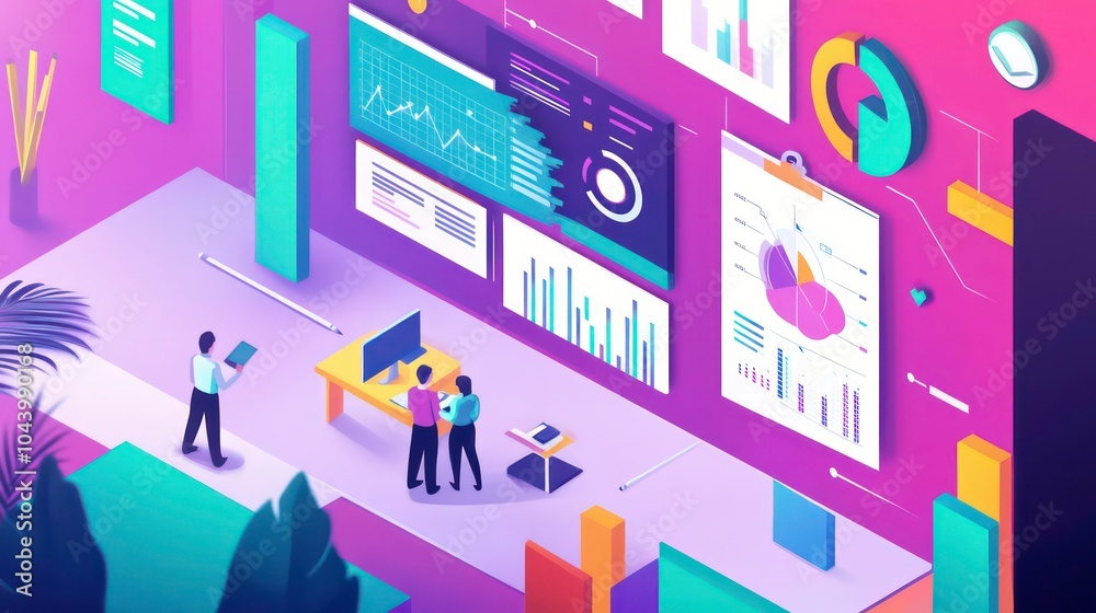 Poster a team of three businessmen stand around a desk in an office, looking at data on monitors and a larg