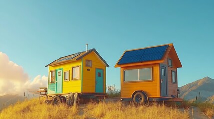 Obraz premium Tiny Homes with Solar Panels on a Hilltop.