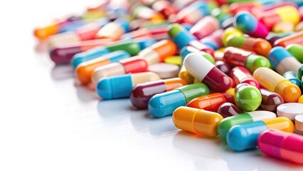 Colored pills and capsules on a white background low angle view