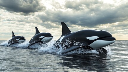 Fototapeta premium Three Orcas Swimming in the Ocean.