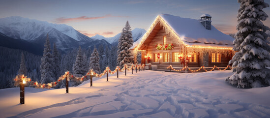 The house in the mountains is decorated with New Year's illumination. Christmas banner.