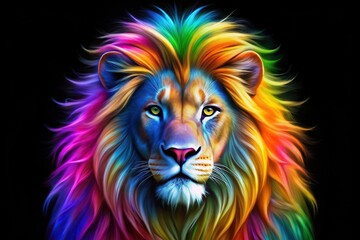 Colorful abstract art of a lion in a rainbow palette on a black background
