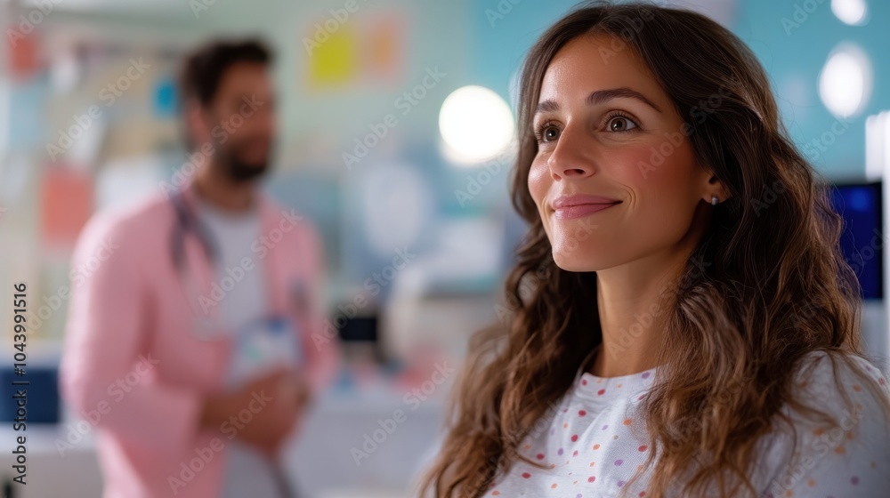 Wall mural a patient in a white hospital gown smiles warmly, conveying a sense of hope and positive healthcare 