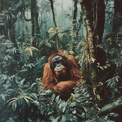 Obraz premium Rare Sumatran orangutans dwelling in thick tropical rainforest environments