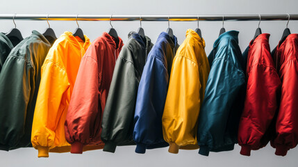 Rainbow of Raincoats: A vibrant collection of colorful raincoats hangs on a rack, showcasing a spectrum of hues and styles. Perfect for fashion, retail, and weather-related themes.