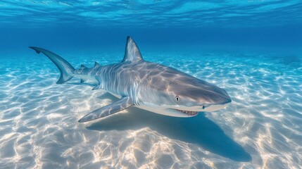 Underwater view of a shark swimming in clear water.