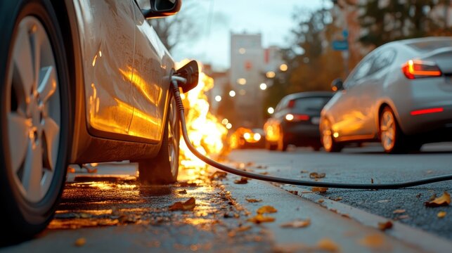An electric car is plugged into a charging station on a city street, with flames visibly engulfing it, creating a dramatic and alarming scene of destruction.