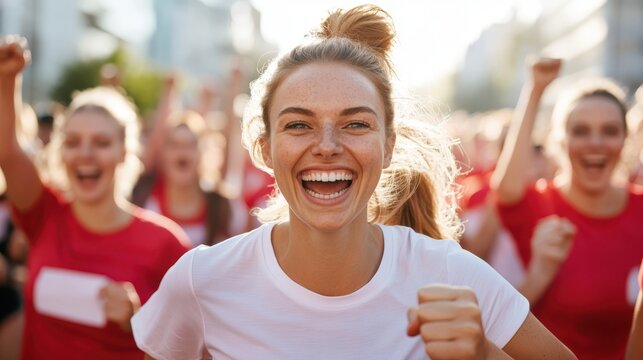 A lively outdoor race scene with a joyful runner in focus, wearing a white shirt, surrounded by fellow participants in red, capturing energetic and jubilant atmosphere.