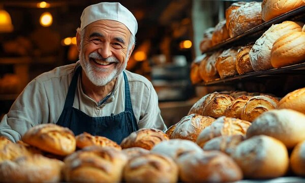A smiling baker with fresh bread in a warm bakery setting.