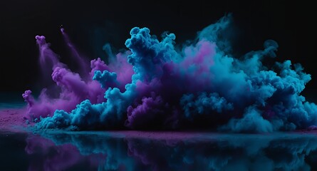 Vibrant abstract clouds of blue and purple smoke on a dark background, creating a dreamy and...