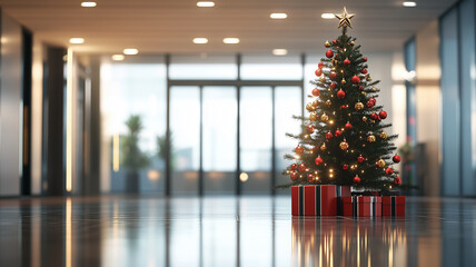 christmas tree in the entrance of a company. Christmas mockup for company, christmas greeting card, invitation card. Beautiful decorated christmas tree with ornaments, baubles and guirlandes.