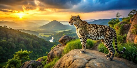 Obraz premium Majestic leopard perched on a cliffside, overlooking a vibrant landscape. The scene captures intricate details of wildlife in vivid colors and breathtaking depth of field.