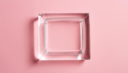 Clear glass podium on pink background. Empty stage for product presentation. Mock-up. Top view.