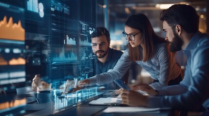 A team of three young professionals are working together in front of a large screen displaying charts and graphs. They are discussing the data and working on a project.