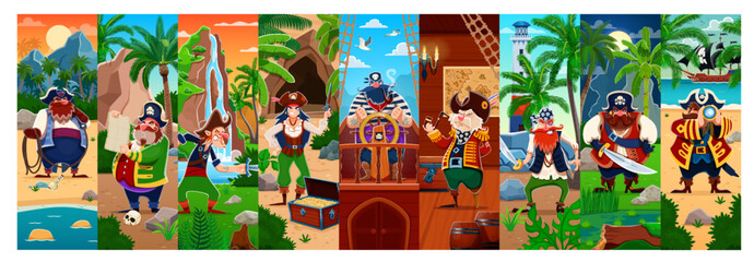Fototapeta premium Cartoon pirate and corsair characters collage showcasing adventurous filibuster personages with swords, treasure maps, and ships, surrounded by tropical landscapes, capture the excitement and mystery