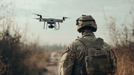 A soldier in camouflage uniform watches a drone flying overhead in a field.