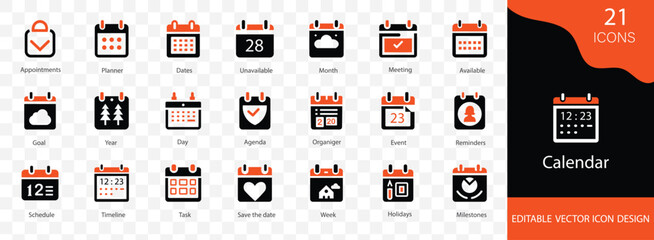 Calendar vector icon  set. containing Week, Day, Milestones, Goal, Event, payday and more vector illustration design