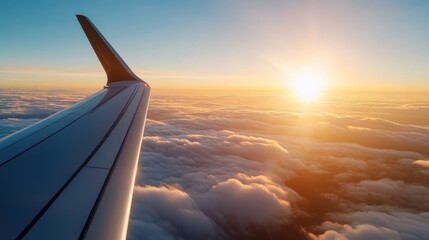 Stunning aerial shot of a plane wing against a vibrant sunset above the clouds, highlighting the mesmerizing play of colors and the beauty of sky travel.