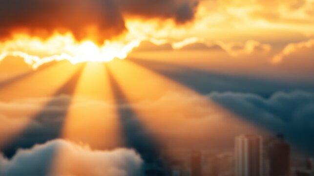 A dramatic view of powerful sun rays piercing through thick clouds to illuminate a city's skyline below, symbolizing hope and new beginnings against an urban landscape.