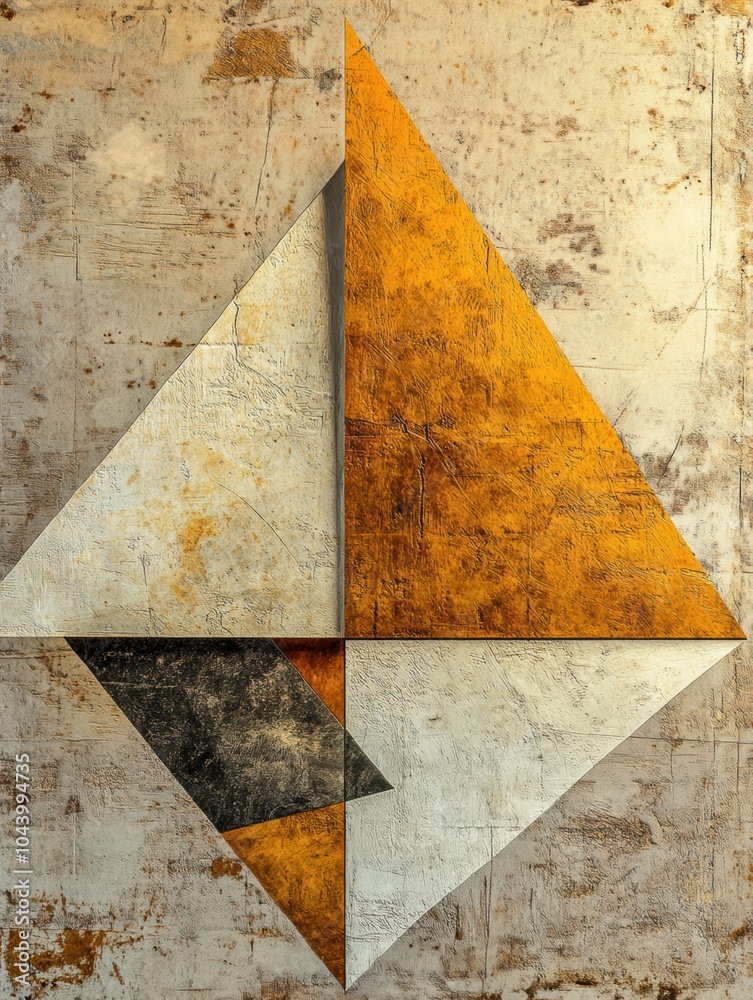 Poster Colorful triangular shapes are arranged asymmetrically against a textured backdrop, showcasing an intriguing modern art design. Generative AI
