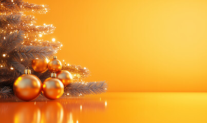 New Year and Christmas decorations, balls and xmas tree on yellow background, generated ai 