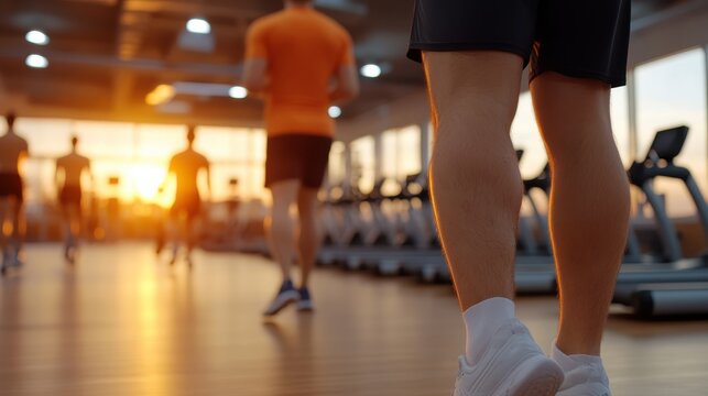 People walk on treadmills in a gym with a warm glow of sunset illuminating the exercise space, capturing a moment of fitness and wellness in pursuit of health goals.
