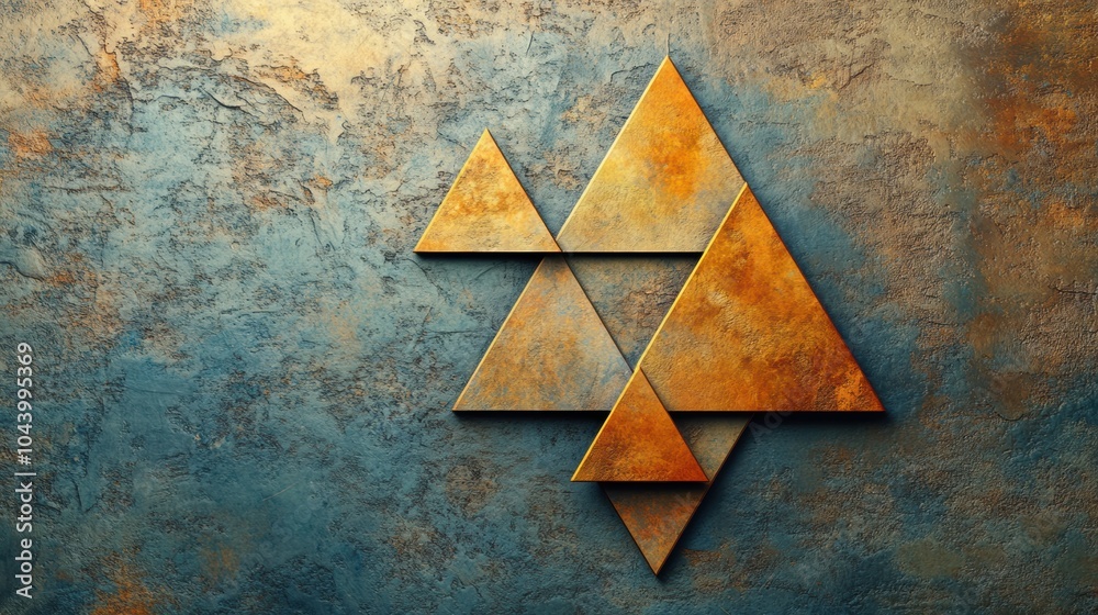 Fototapete an artistic display of asymmetrical triangular shapes in warm tones rests against a textured blue an