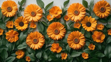 Naklejka premium vibrant orange calendula flowers with lush green leaves artistically arranged and showcased on a pristine white background evoking freshness and cheerfulness