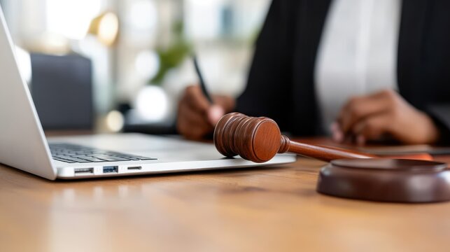 A wooden gavel sits next to an open laptop, representing the intersection of law and technology in a modern legal office setting. - Powered by Adobe