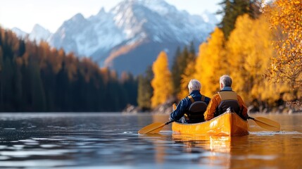 Two senior individuals enjoy kayaking on a tranquil lake with stunning autumnal views of a mountain range, emphasizing peaceful outdoor recreation and natural beauty.
