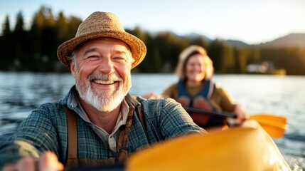 Fototapeta premium An elderly man wearing a hat paddles joyfully with a friend on a peaceful lake, surrounded by a beautiful landscape of trees and distant mountains in the sunlight.