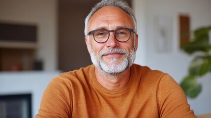 Obraz premium A middle-aged man wearing glasses and an orange sweater smiles contentedly at the camera, set against a blurred home background with a modern, warm ambiance.