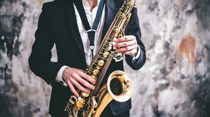 Naklejka premium A man in a suit holds a saxophone.
