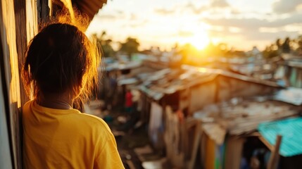 A contemplative woman gazes at the sunset over tin-roof homes, embodying introspection and hope as the golden light enhances the rustic surroundings.