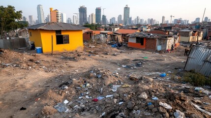 Fototapeta premium An eye-opening image showing the contrast between a modern city skyline and nearby informal settlements, littered with trash, highlighting urban inequality.