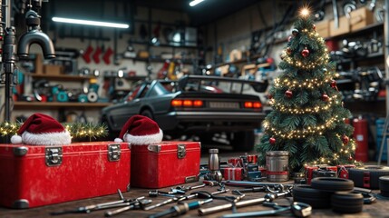 Christmas in car repair shop with decorated tree, tools, and santa hats, festive automotive workshop
