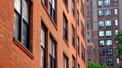 Fototapeta premium A close-up view of an apartment building's brick facade, showcasing an intricate pattern in an urban setting with another similar building in the background.
