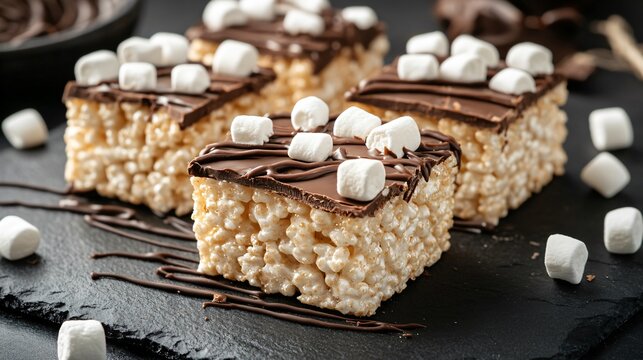 Rice Krispies Treats with marshmallow layers, isolated on a black slate surface, garnished with mini marshmallows and a drizzle of chocolate