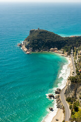 Beautiful aerial view of Saraceni Bay beach from Sentiero del Pellegrino, Liguria,  Italy