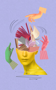 Head with books as a metaphor for education. Art collage or design. Creative idea symbol. Mental Health, thinking, psychology, education, intellectual development concept