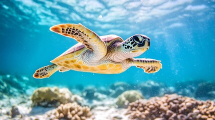 Obraz premium Graceful Sea Turtle Swimming in Clear Ocean Water