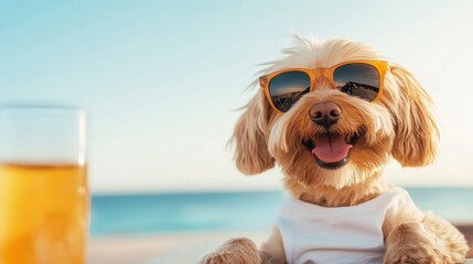 A happy dog with orange sunglasses beams joyfully, sitting at a sunlit beachside table with ocean in background, a glass of refreshing drink in foreground.