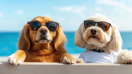 A duo of stylish dogs, each with sunglasses, peacefully lounge against a rail with a stunning ocean backdrop, epitomizing companionship and carefree elegance.