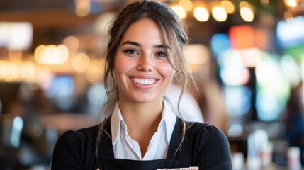 Fototapeta premium A smiling waitress in a black apron stands with arms gently folded, exuding friendliness and professionalism in a warmly lit restaurant setting.