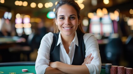 A confident female casino dealer at a poker game table, dressed professionally and surrounded by poker chips, exudes concentration and skill.