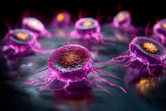 Activated platelets adhering to a surface, with their spindly projections extending and interacting with other cells under high magnification