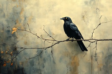 Fototapeta premium A lone crow perched on a branch against an abstract background